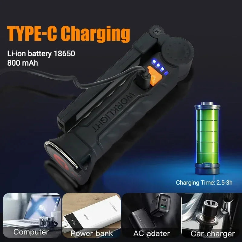 1-3PCS COB Work Light LED Work Flashlight Magnetic Base Rechargeable Hanging Hook 360° Rotate Portable Inspection Light Camping