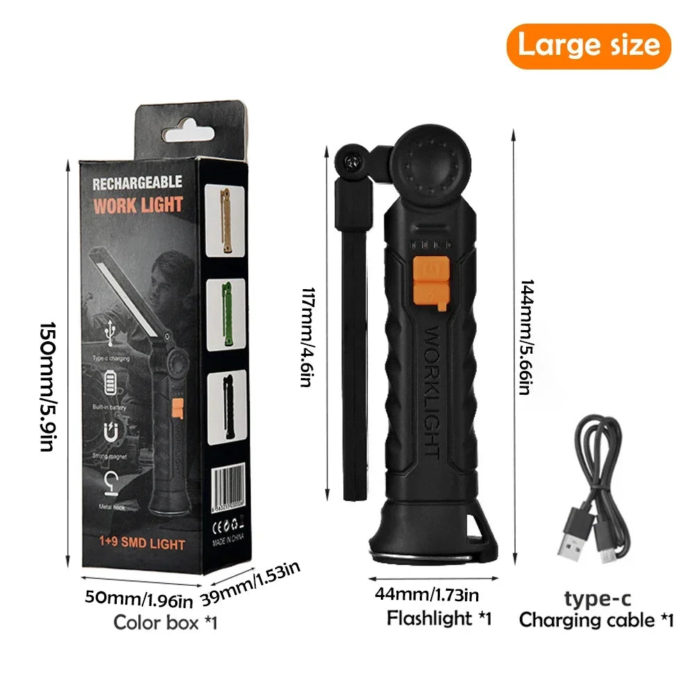 1-3PCS COB Work Light LED Work Flashlight Magnetic Base Rechargeable Hanging Hook 360° Rotate Portable Inspection Light Camping