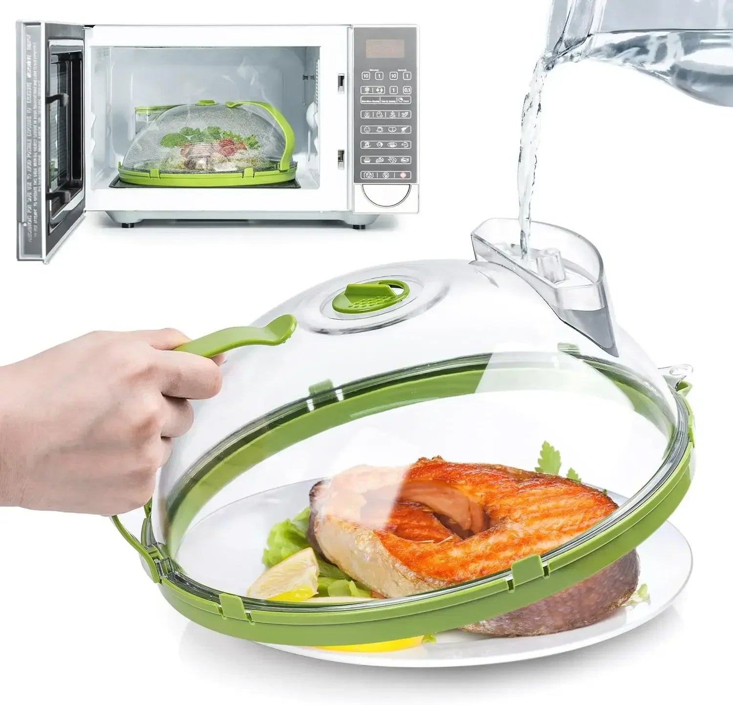 Clear Microwave Food Cover with Water Steamer and Handle - 10 Inch Plate Cover for Kitchen Use