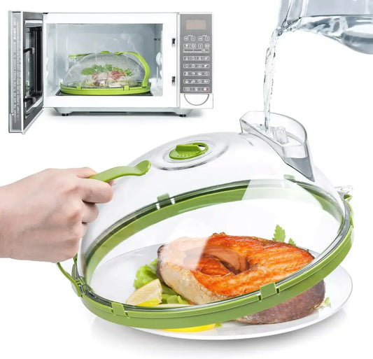 Clear Microwave Food Cover with Water Steamer and Handle - 10 Inch Plate Cover for Kitchen Use
