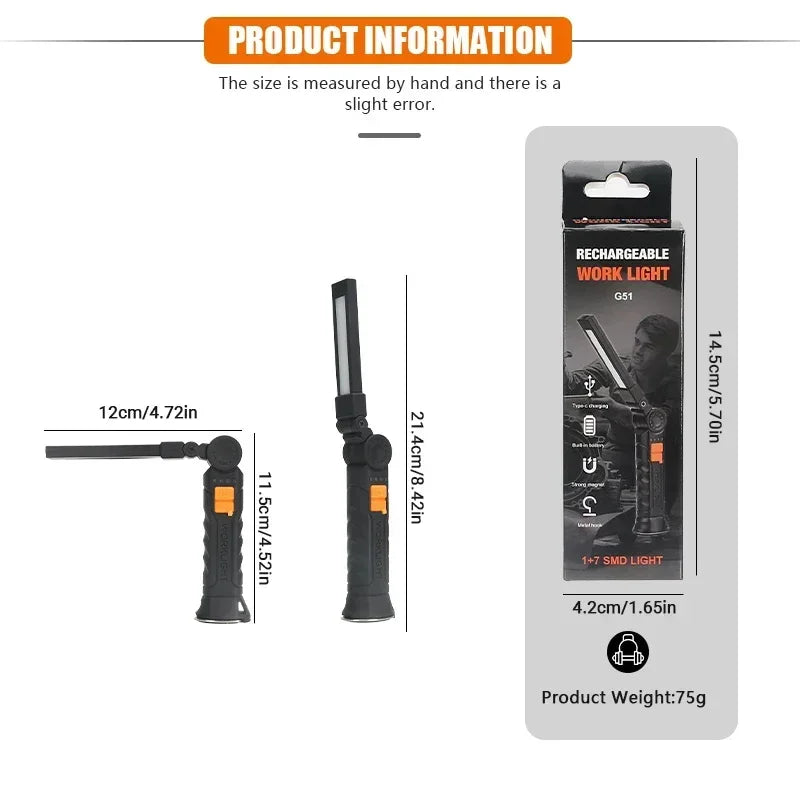 1-3PCS COB Work Light LED Work Flashlight Magnetic Base Rechargeable Hanging Hook 360° Rotate Portable Inspection Light Camping