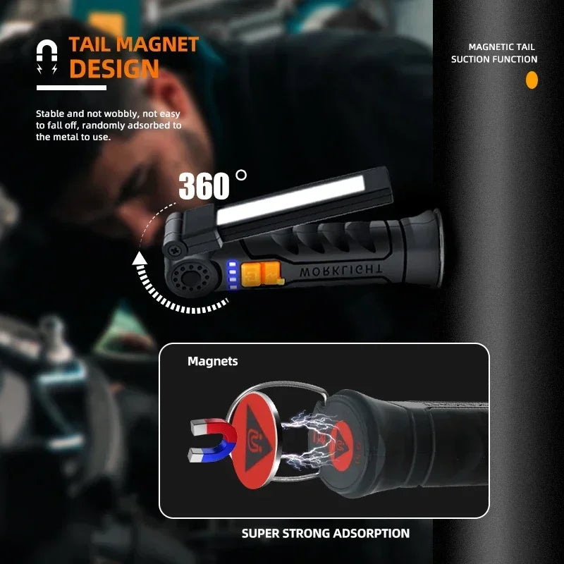 1-3PCS COB Work Light LED Work Flashlight Magnetic Base Rechargeable Hanging Hook 360° Rotate Portable Inspection Light Camping